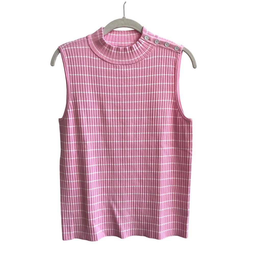 Talbots Shell Top Womens Large Pink White Preppy Mock Neck Button Ribbed Stripe